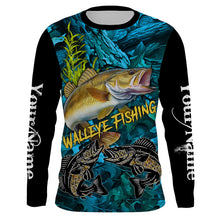 Load image into Gallery viewer, Blue camo walleye fishing custom UV protection long sleeve fishing shirts, walleye tournament jerseys NQS5144