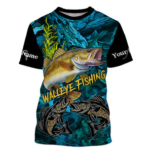 Blue camo walleye fishing custom UV protection long sleeve fishing shirts, walleye tournament jerseys NQS5144