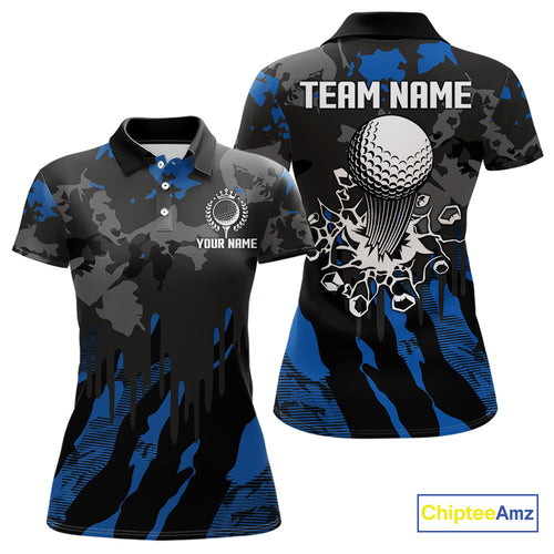Black and Blue Camo pattern Womens Golf Polo Shirts custom ladies golf tops, cool golf gifts NQS9826