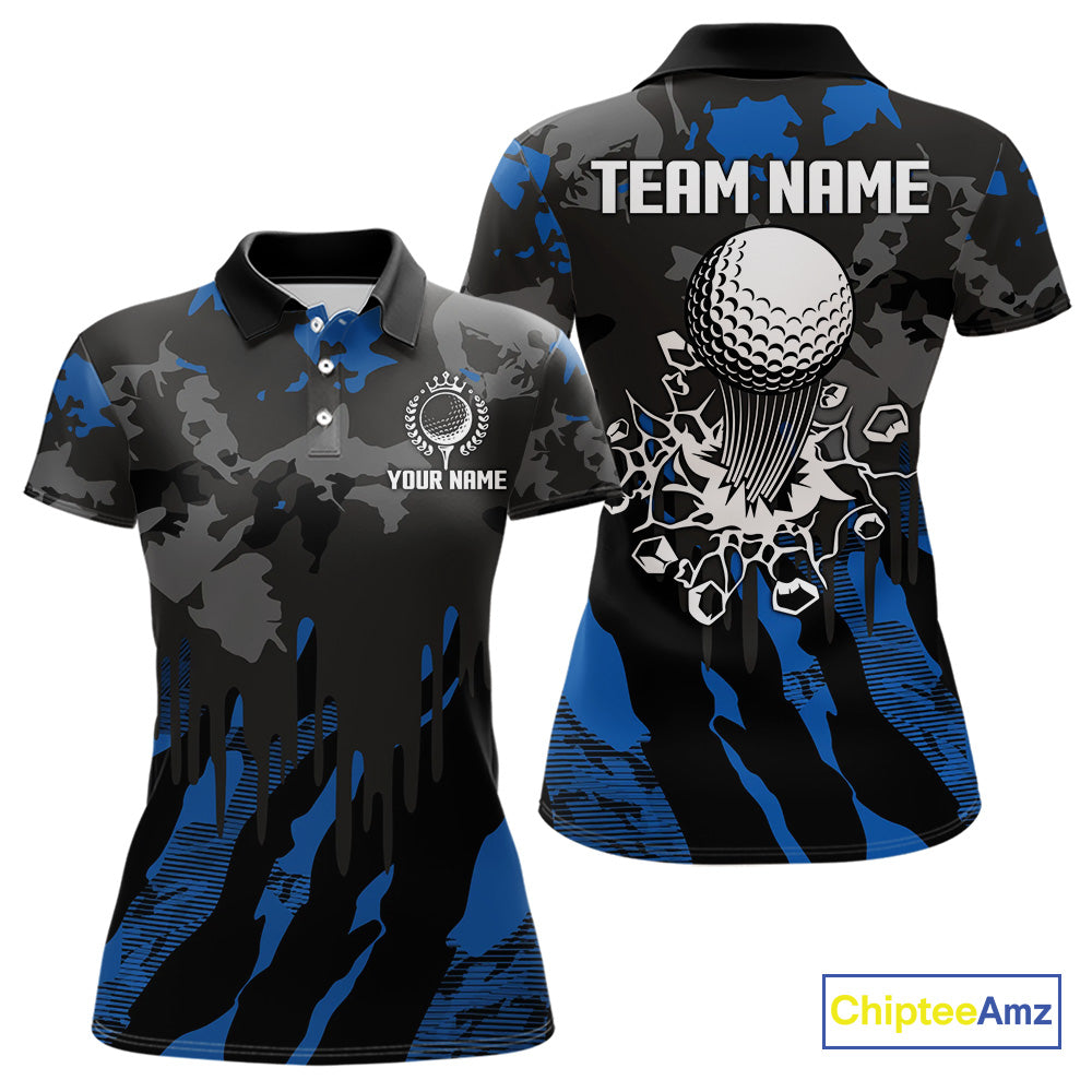 Black and Blue Camo pattern Womens Golf Polo Shirts custom ladies golf tops, cool golf gifts NQS9826