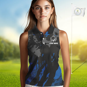 Black and Blue Camo pattern Womens Sleeveless Polo Shirts custom ladies golf tops, cool golf gifts NQS9826