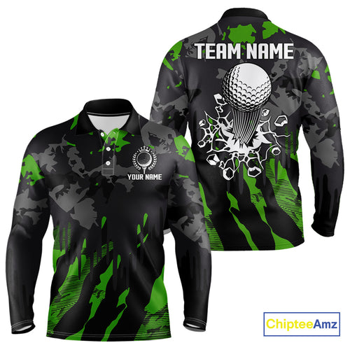 Black and Green Camo pattern Mens Golf Polo Shirts custom mens golf tops, cool golf gifts NQS9827