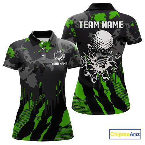 Black and Green Camo pattern Womens Golf Polo Shirts custom ladies golf tops, cool golf gifts NQS9827