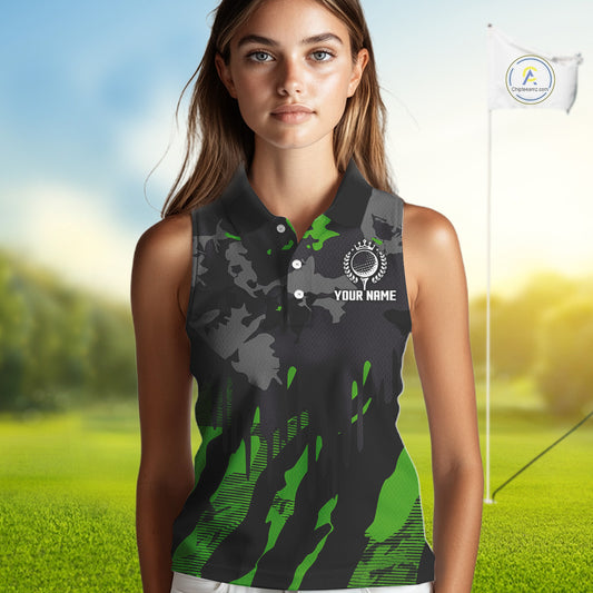 Black and Green Camo pattern Womens Sleeveless Polo Shirts custom ladies golf tops, cool golf gifts NQS9827