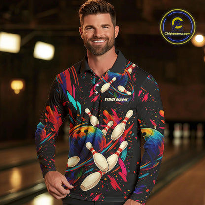 Colorful Watercolor bowling ball and pins Team jerseys Custom Men bowling Polo, Quarter Zip Shirt NQS9833