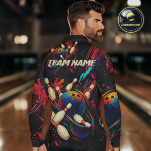 Colorful Watercolor bowling ball and pins Team jerseys Custom Men bowling Polo, Quarter Zip Shirt NQS9833