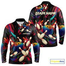 Load image into Gallery viewer, Colorful Watercolor bowling ball and pins Team jerseys Custom Men bowling Polo, Quarter Zip Shirt NQS9833