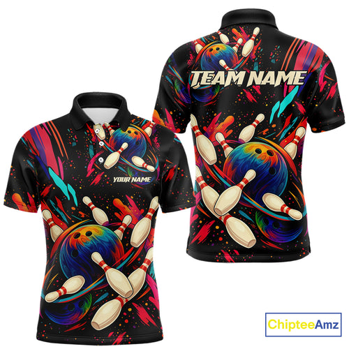 Colorful Watercolor bowling ball and pins Team jerseys Custom Men bowling Polo, Quarter Zip Shirt NQS9833