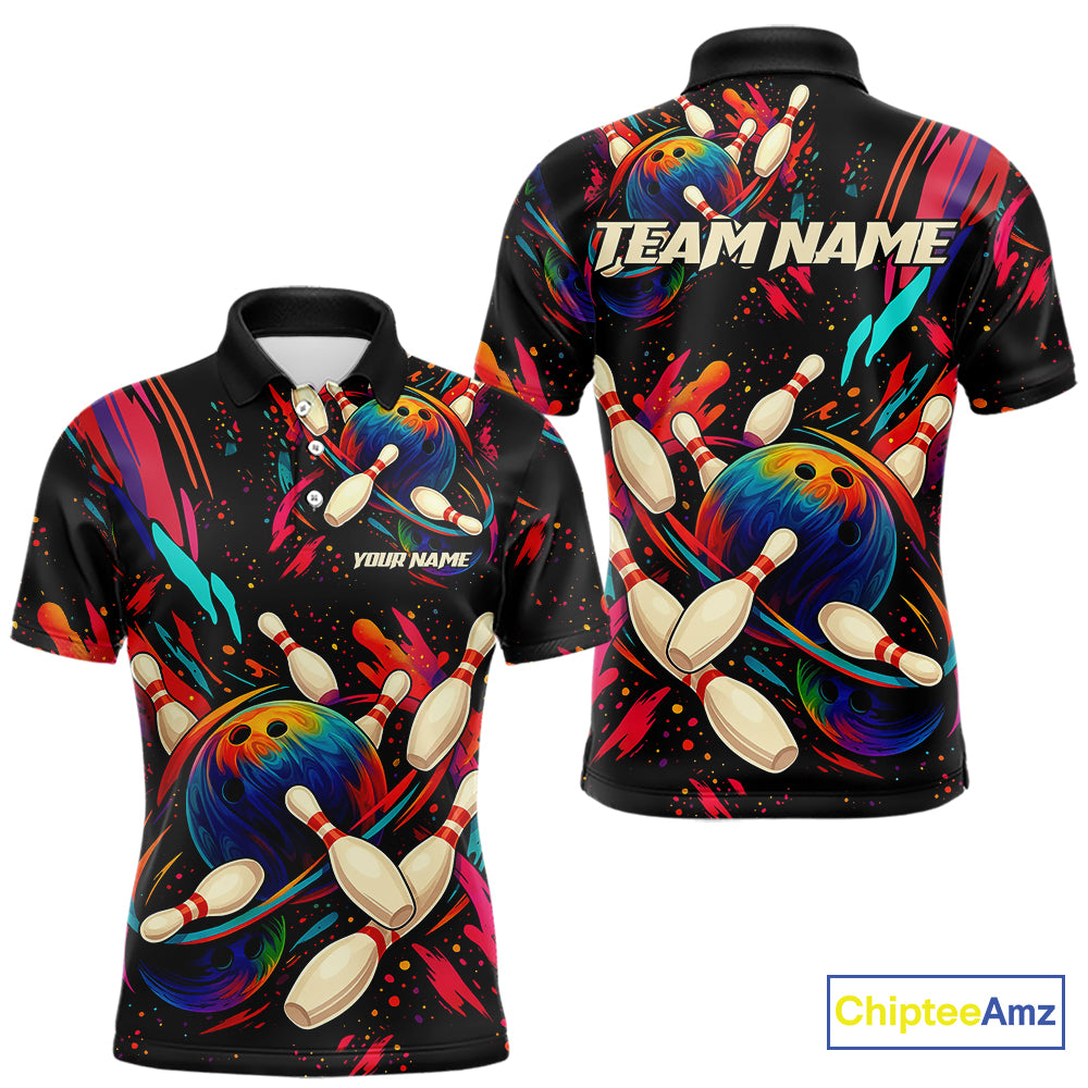 Colorful Watercolor bowling ball and pins Team jerseys Custom Men bowling Polo, Quarter Zip Shirt NQS9833