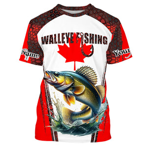 Walleye fishing red camo Custom Canadian flag UV Protection Fishing Shirts NQS5652