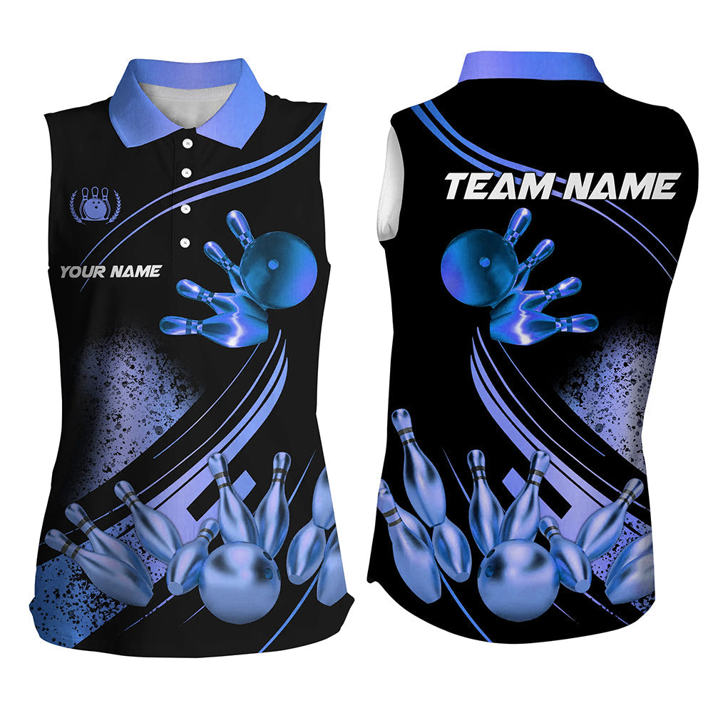 Black and Blue Women sleeveless polo shirts custom bowling apparel team bowling jerseys, bowling gifts NQS7755