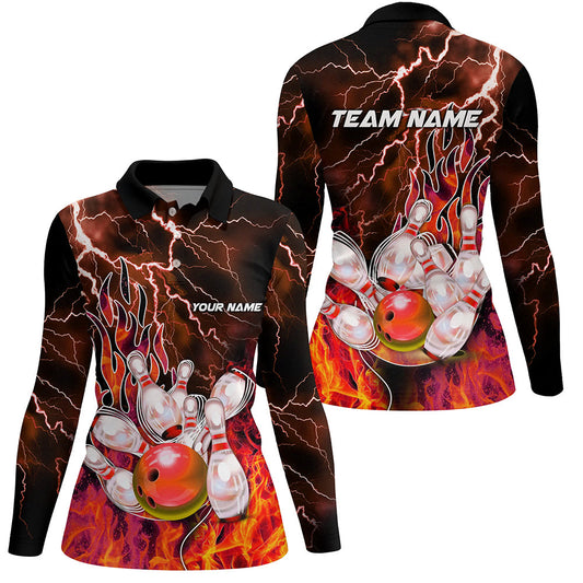 Women Bowling Polo, 1/4 Zip Shirt Custom orange lightning thunder Bowling Team Jersey, gift for Bowler NQS8174