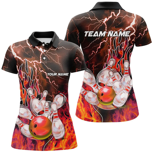Women Bowling Polo, 1/4 Zip Shirt Custom orange lightning thunder Bowling Team Jersey, gift for Bowler NQS8174