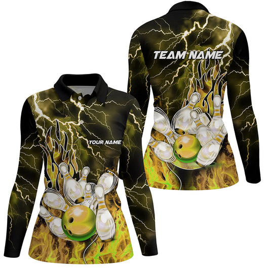 Women Bowling Polo, 1/4 Zip Shirt Custom yellow lightning thunder Bowling Team Jersey, gift for Bowler NQS8176