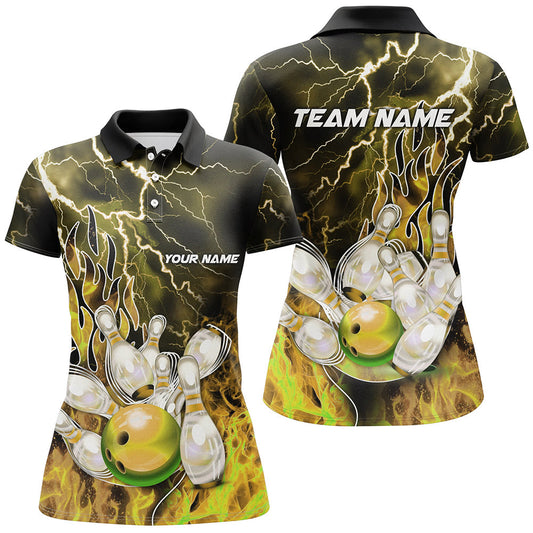 Women Bowling Polo, 1/4 Zip Shirt Custom yellow lightning thunder Bowling Team Jersey, gift for Bowler NQS8176
