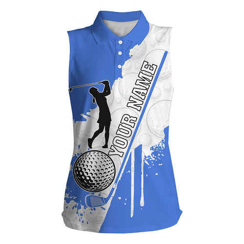 Women sleeveless polo shirt custom white camo golf ball clubs best ladies golf wear golf gifts | Blue NQS8878