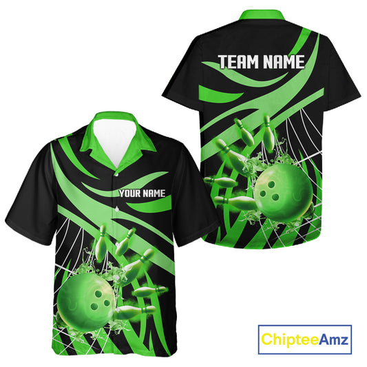 Green flame Bowling Hawaiian Shirts Custom Team bowling outfit button up shirt NQS11394