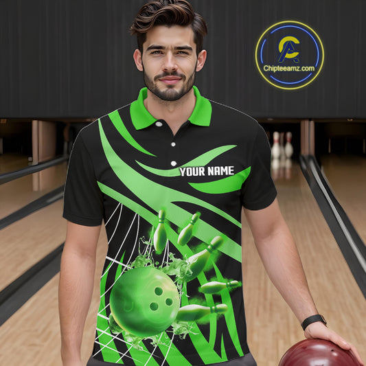 Green flame bowling 1/4 zip, mens polo bowling shirts Custom Team bowling shirts for men NQS11394