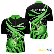 Load image into Gallery viewer, Green flame bowling 1/4 zip, mens polo bowling shirts Custom Team bowling shirts for men NQS11394