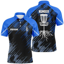 Load image into Gallery viewer, Blue Disc golf basket camo custom name &amp; number  Men disc golf polo shirts, disc golf outfit NQS7416