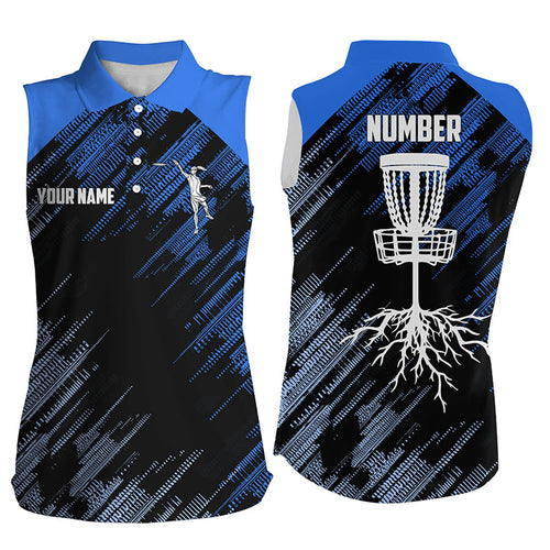 Blue Disc golf basket camo custom name & number Womens sleeveless polo shirts, disc golf outfit NQS7416