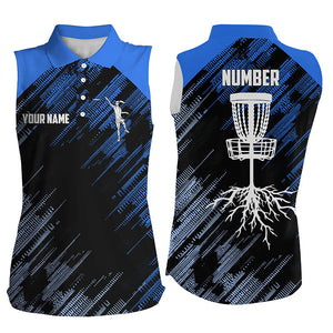 Blue Disc golf basket camo custom name & number Womens sleeveless polo shirts, disc golf outfit NQS7416