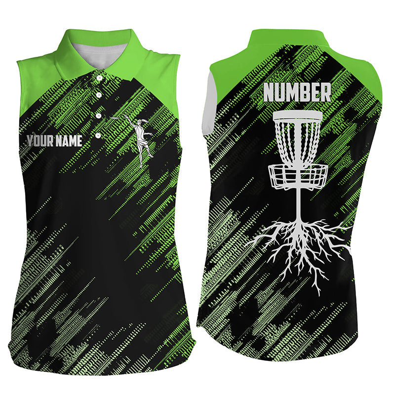 Green Disc golf basket camo custom name & number Womens sleeveless polo shirts, disc golf outfit NQS7417