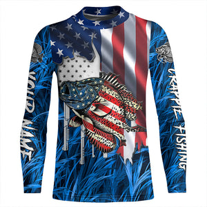 American flag patriot Crappie blue camo fishing, custom mens long sleeve sun protection fishing shirts NQS7987