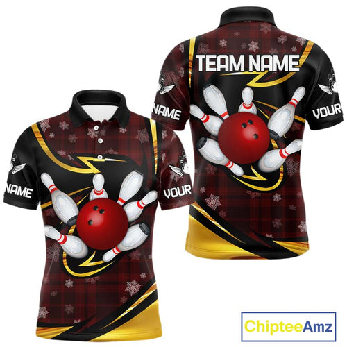 Red Christmas Plaid pattern snowflake Black and Gold Men's Bowling shirts Custom Xmas Bowling Gifts NQS10997
