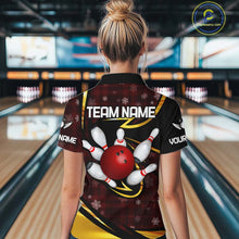 Load image into Gallery viewer, Red Christmas Plaid pattern snowflake Black and Gold Women&#39;s Bowling shirts Custom Xmas Bowling Gifts NQS10997