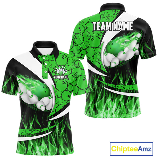 Green Flame Bowling Camo Bowling Polo, Quarter Zip Shirts For Men Custom Bowling Team Bowler Jerseys NQS11196