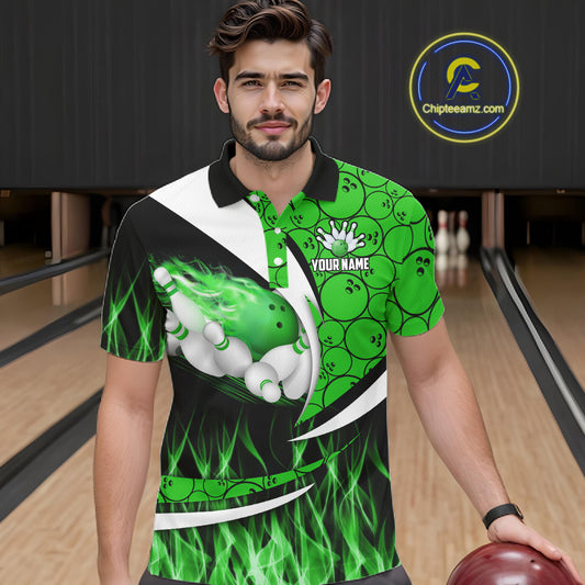 Green Flame Bowling Camo Bowling Polo, Quarter Zip Shirts For Men Custom Bowling Team Bowler Jerseys NQS11196