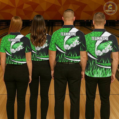 Green Flame Bowling Camo Bowling Polo, Quarter Zip Shirts For Men Custom Bowling Team Bowler Jerseys NQS11196