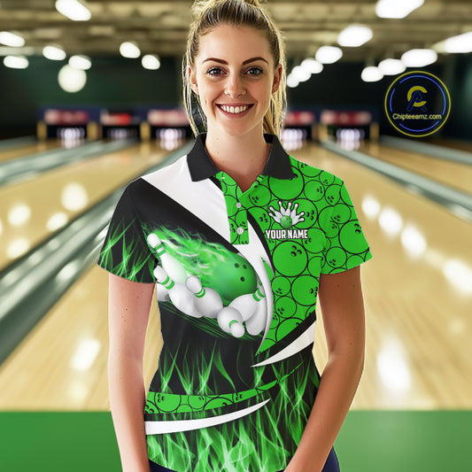 Green Flame Bowling Camo Bowling Polo, Quarter Zip Shirts For Women Custom Bowling Team Bowler Jersey NQS11196