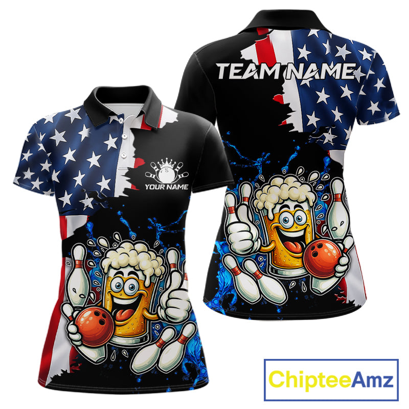 Funny Beer Bowling Shirts for Women Custom US Flag Patriotic Team Bowling Jerseys Uniforms NQS11602