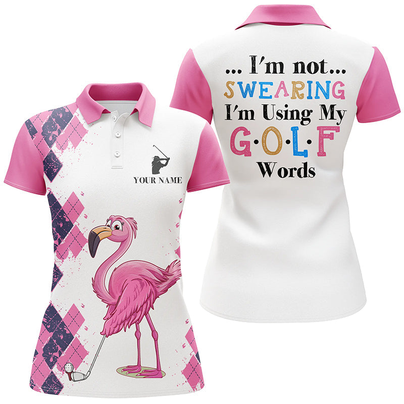 Pink argyle pattern flamingo custom Womens golf polos shirts I'm not swearing, I'm using my golf words NQS7426