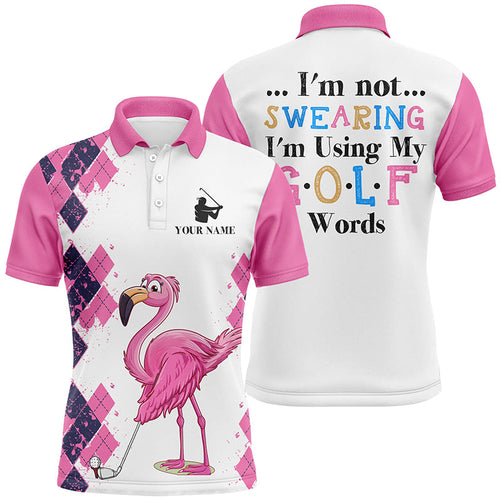 Pink argyle pattern flamingo custom Mens golf polo shirts I'm not swearing, I'm using my golf words NQS7426