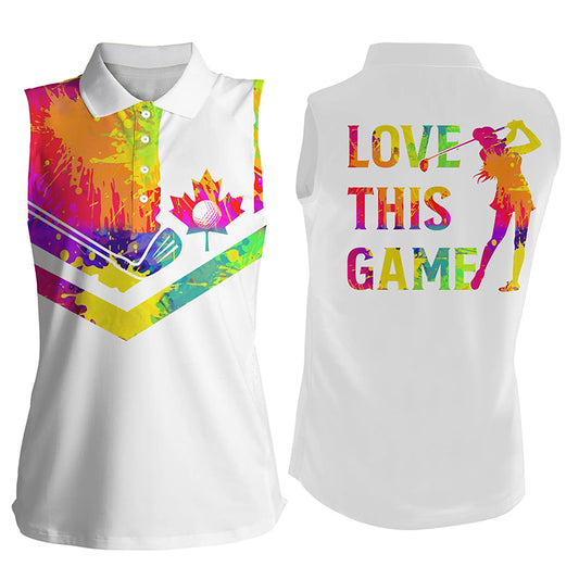 Women's sleeveless golf polo shirt watercolor Canadian flag Love this game patriotic white golf shirt NQS5398