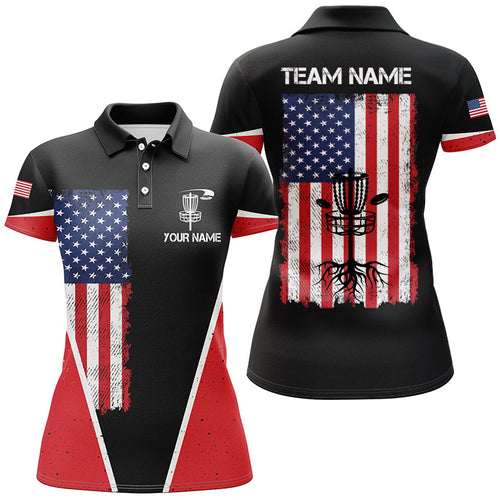 Black Womens Disc golf polo shirts vintage American flag patriot custom frisbee golf shirt for Ladies NQS7993