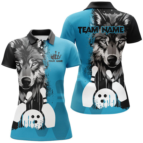 Black and Blue Wolf Bowling Polo, Quarter Zip Shirts For Women Custom Bowling Team League Jerseys NQS8642