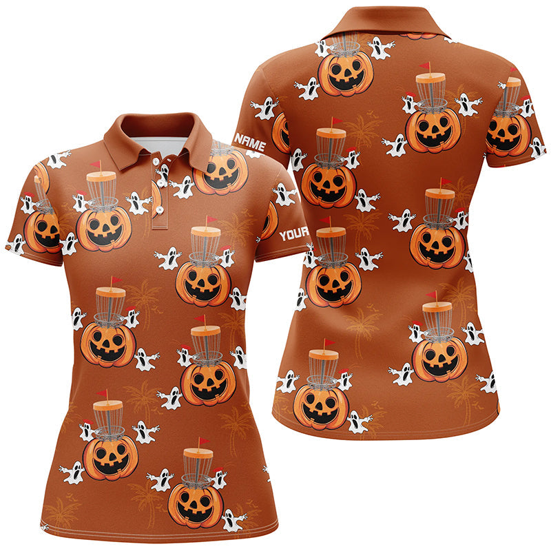 Funny Halloween Boo pumpkin Disc golf pattern Women golf polo shirt custom Halloween ladies golf tops NQS8645