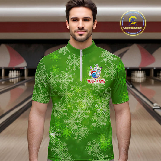 Personalized Funny Green Snowflake Christmas Bowling Team Shirts For Men, Christmas Bowling Gifts NQS10831