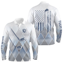 Load image into Gallery viewer, Blue argyle pattern American flag Golf clubs Mens Golf Polo Shirts Custom Golf shirt for men NQS9126