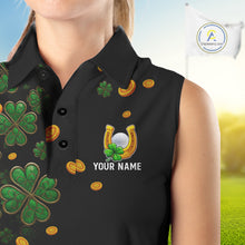 Load image into Gallery viewer, Personalized Green Clover St Patrick's Day pattern Sleeveless Golf Polo Shirts, Best ladies golf wear NQS11207