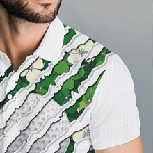 Load image into Gallery viewer, Green shamrock pattern White Mens Golf Polo Shirt Custom golf clubs St Patrick day golf attire for men NQS9476
