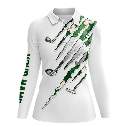 Green shamrock pattern White Women Golf Polo Shirt Custom golf clubs St Patrick day ladies golf attire NQS9476