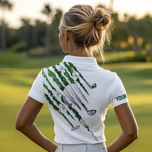 Load image into Gallery viewer, Green shamrock pattern White Women Golf Polo Shirt Custom golf clubs St Patrick day ladies golf attire NQS9476