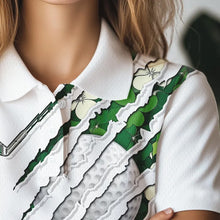 Load image into Gallery viewer, Green shamrock pattern White Women Golf Polo Shirt Custom golf clubs St Patrick day ladies golf attire NQS9476
