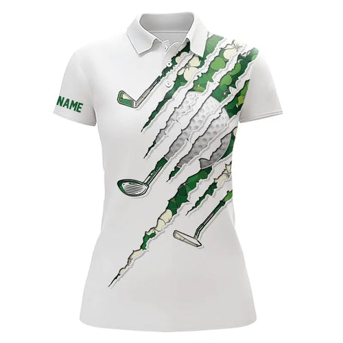 Green shamrock pattern White Women Golf Polo Shirt Custom golf clubs St Patrick day ladies golf attire NQS9476