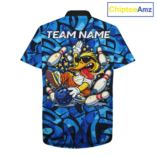 Funny Duck Bowling Hawaiian Shirts Custom Blue graffiti pattern Team Bowling Jerseys NQS11603